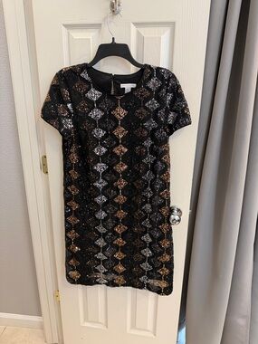 London Times Black Sequin Mini Dress with Gold & Silver Accents